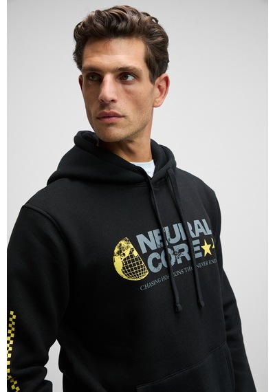 Grımelange Cornelıus Erkek Önü Ve Kolları Baskılı Kapüşonlu Kordonlu Kanguru Cepli Siyah Sweatshirt Siyah