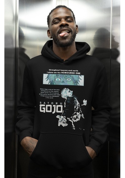 Sevbano Tasarım Gojo Satoru Baskılı Unisex Oversize Anime Karakter Hoodie Siyah