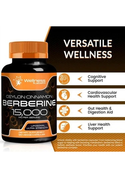 Wellnees Labs Liposomal Berberine + Ceylon Cinnamon+turmeric + Ginseng + Ginkgo Biloba 15,000mg 12