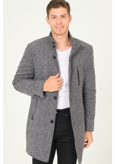 Plt8386 Dewberry Erkek Palto-Diagonal Siyah- Gri Gri - Siyah