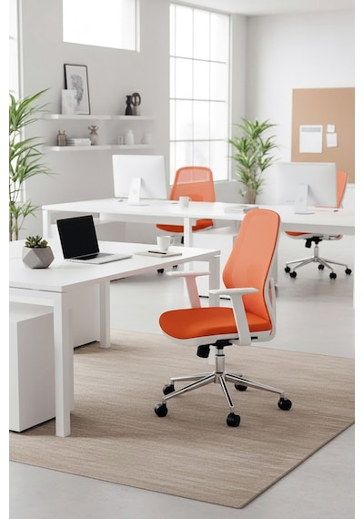 Ofisbazaar Dali Beyaz Fileli Çalışma Koltuğu Ergonomik Şef Ve Toplantı Koltuğu Turuncu Turuncu
