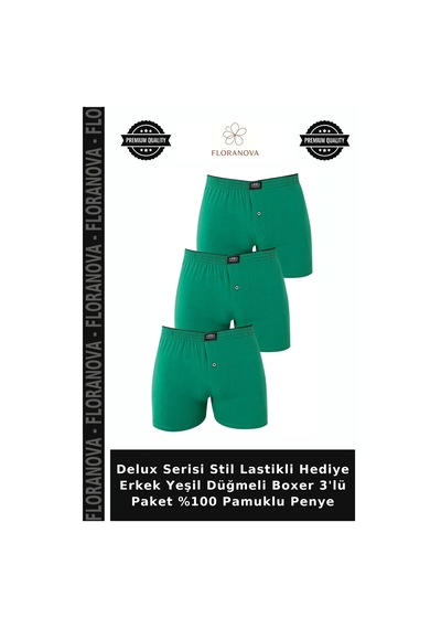 Floranova Delux Serisi Stil Lastikli Hediye Erkek Yeşil Düğmeli Boxer 3'lü Paket %100 Pamuklu Penye