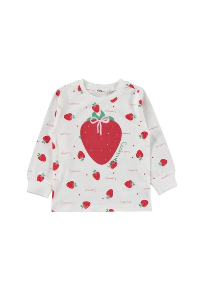 Civil Girls Civil Kız Çocuk Çilek Desenli Pijama Takımı Süprem-süprem Uzun Kol Okul Kreş Ve Günlük Kullanım - Ekru