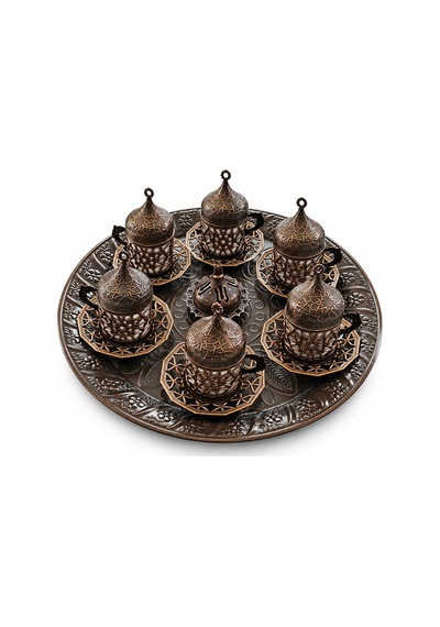 Osmanlı Motifli Türk Kahvesi Fincan Takımı Kapaklı Tepsili Özel Metal Sunum Seti Ac-ft-001/6'lı Eskitme Renk