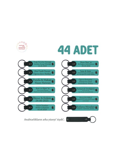 Reklam Ajanslarına Uygun Hediyelik, 44'lü Set, Marka Yazılı Deri Anahtarlık, Koyu Turkuaz & Siyah