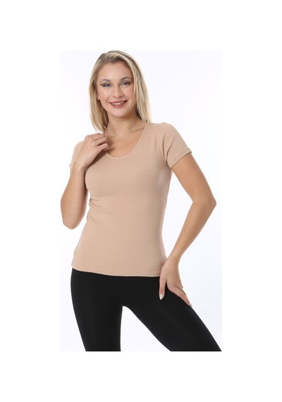 Rooted-kadın Basic V Yaka T-shirt ,fitilli Kaşkorse Kumaş Bluz Bej