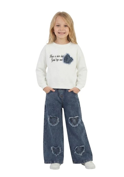 Erdem Kıds Kız Çocuk Bayramlık Günlük - Casual Geniş-bol Paça Palazzo Kot Pantolon-sweatshirt İkili Takım Beyaz - Mavi Erdem Kıds Kız Çocuk Bayramlık Günlük - Casual Geniş-bol Paça Palazzo Kot Pantolon-sweatshirt İkili Takım Beyaz - Mavi