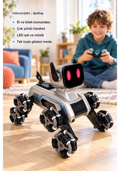 2950-1 Spindog Çift Kumandalı Işıklı Müzikli Robot Köpek, Şarjlı, 2,4 Ghz, 8 Tekerlekli, 6+ Yaş