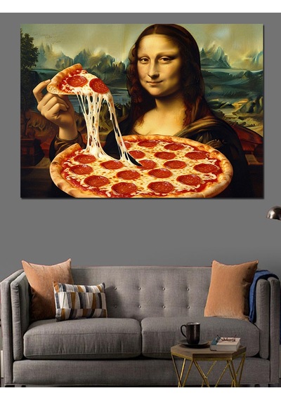 Mona Lisa Pizza Yiyor Komik Dekoratif Kanvas - Mdf Ahşap Tablo