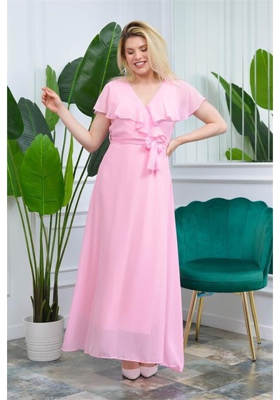 Dip Moda Kadın Melek Kol Uzun Şifon Elbise Dpnb0001 Pudra