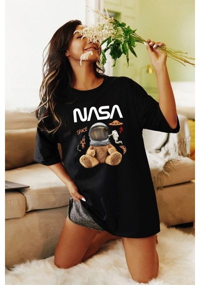 Flood Of Style Unisex Gri Ayıcık Nasa Baskılı Tshirt Siyah