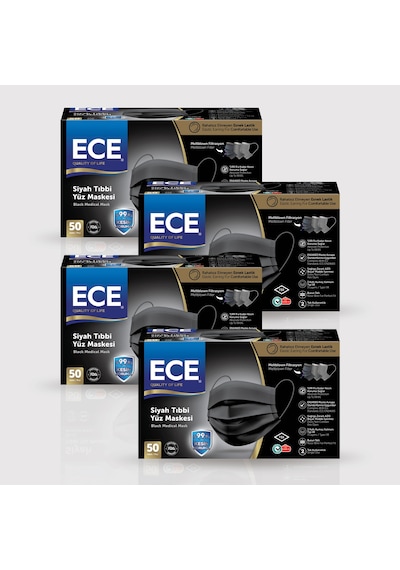 Ece Full Ultrasonik Meltblownlu Maske 50 x 4 200 Adet Siyah