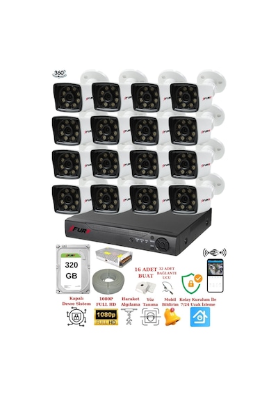 Fury 16 Kameralı 5mp Lens 1080p 2mp Color Görüntü 8 Warm Led Gece Görüş Fullhd Güvenlik Kamera 5525w 320