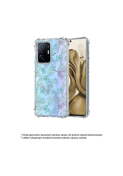 Oppo A94 Uyumlu Köşe Korumalı Floral Su Yeşili Tasarımlı Şeffaf Silikon Kılıf