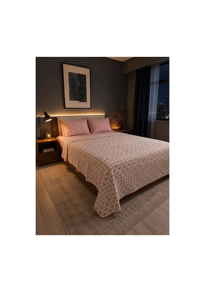 %100 Pamuk Pikolu Çift Kişilik Pike Seti - Lastikli Çarşaf - 200 X 220 Cm Pembe Pembe