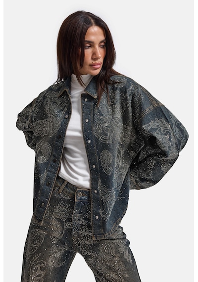 Kadın Kot Rengi T-10w6-8 Oversize Parlak Taş Ve Desen Özel Tasarım Denim Ceket