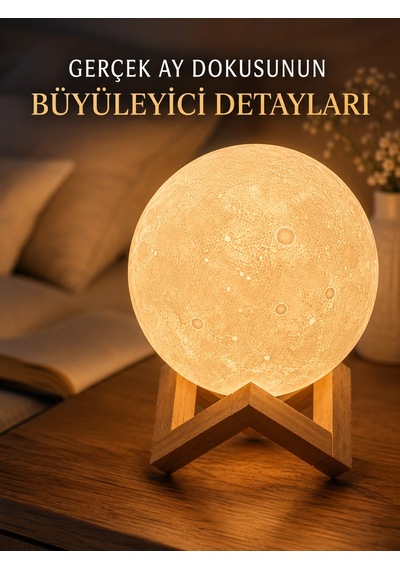 3d Ay Gece Lambası Ahşap Standlı Dekoratif Led Masa Lambası Antrasit Melanj