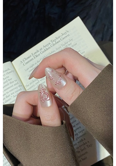 Xsmall Beden Uzun Badem Pembe Kalp Desenli 10 Adet Takma Tırnak Seti T104 Kalp Nail Art