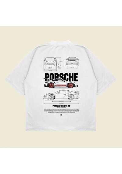 Startmore Gray Porsche 911 Baskılı Oversize Unisex Pamuklu Nefes Alan Kalın Kumaşlı Beyaz