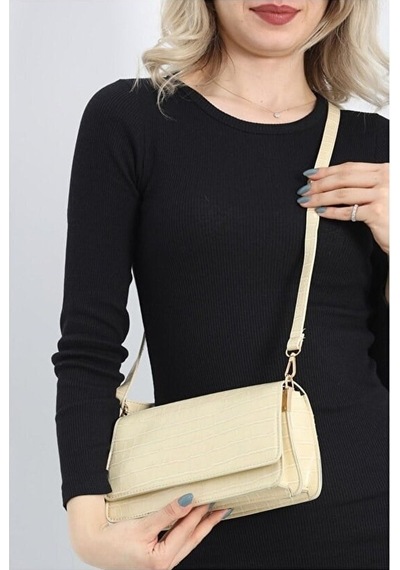 Lovelystore Kroko Desenli 3 Gözlü Günlük Kadın Mini El & Omuz Çantası 24x12 Krem