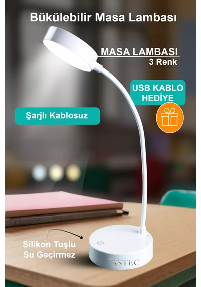 Astec Beyaz Bükülebilir 3 Renk Led Masa Çalışma Lambası Dimli Dayanıklı Silikon Tuşlu Usb'li Şarjlı