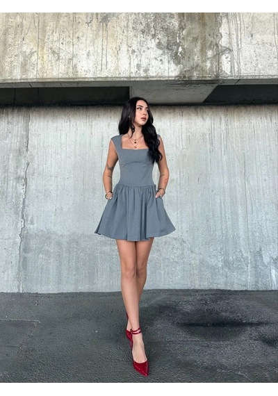 Kolsuz Mini Elbise- Gri Çok Renk