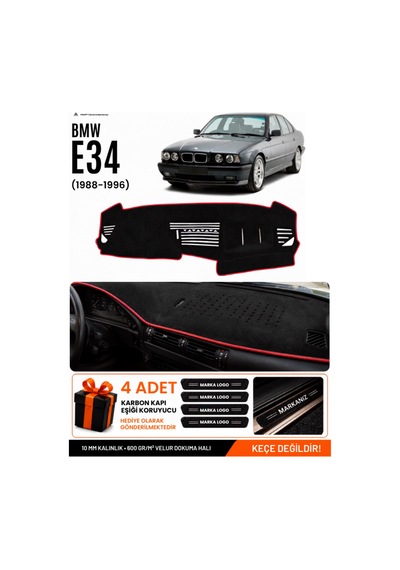 Bmw E34 1988-1996 Uyumlu Torpido Koruma, Torpido Örtüsü, Torpido Kılıfı - Siyah Kırmızı