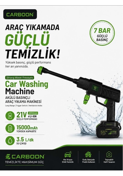 Carboon Car-8088 21v 20.000rpm 15.000 Mah Batarya Basınçlı Araç Yıkama Makinesi Oto Yıkama Makinası Tazdik Tabancası