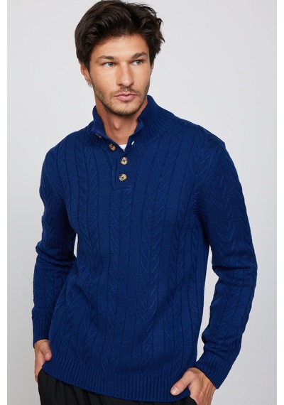 Tudors Erkek Slim Fit Dar Kesim Yumuşak Dokulu Desenli Dik Yaka Düğmeli Triko Saks Mavi Kazak-29888 Koyu Mavi
