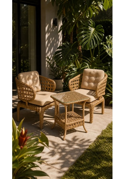Cenevre Raddan 1+1 Bistro Set Minderli 2 Kişilik Raddan Oturma Grubu Camlı Sehpa Bahçe Balkon Teras Set Cappuccino