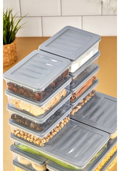 Multi Box 13 Parça 4 Farklı Boy Saklama Kabı Seti - Dondurucu & Mikrodalga Uyumlu Gri