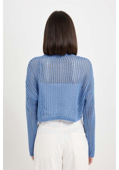 Defacto Regular Fit Bisiklet Yaka Kroşe Ajurlu Delikli Crop Triko Kazak T4513AZ24AUBE113 Mavi