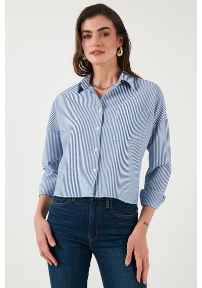 Lela Regular Fit Çizgili Göğüs Cepli Dokulu Bayan Gömlek 6772870 Indigo