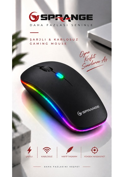 Rgb Işıklı Şarj Edilebilir Çift Modlu Kablosuz Mouse Bluetooth + 2.4ghz Wireless Sr-m1 Siyah Diğer