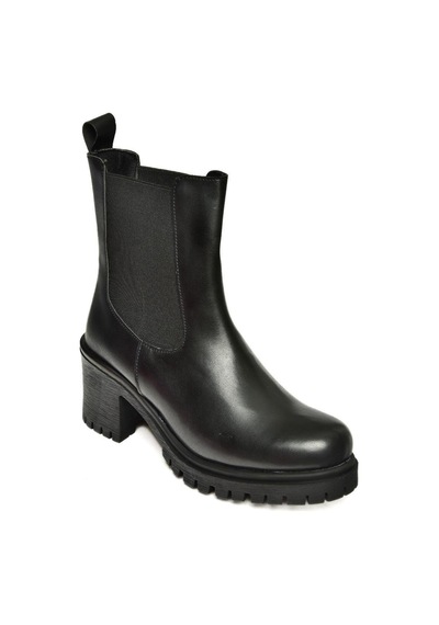 Fox Shoes T726981609 Siyah Lastikli Kalın Topuklu Kadın Bot Siyah-Suni Deri Siyah