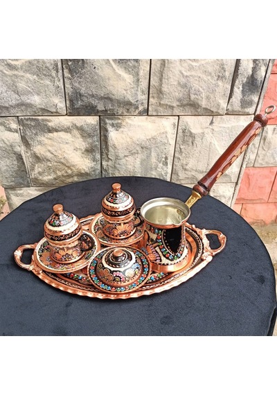 Gül Çiçek İşlemeli Bakır 2 Li Kahve Takımı