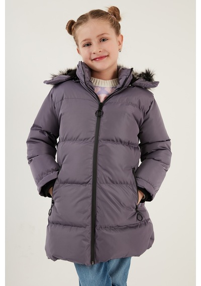 Lela Peluş Astarlı Yakası Suni Kürklü Çıkarılabilir Kapüşonlu Kışlık Kız Çocuk Mont 5760072 Lila