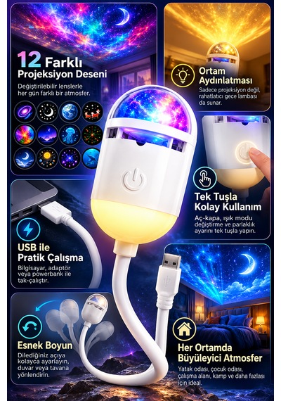12 Lensli Usb Galaksi Projeksiyon Gece Lambası Yıldızlı Gökyüzü Ortam Aydınlatması Esnek Boyunlu Beyaz
