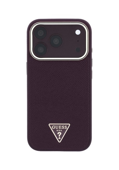 Apple iPhone 18 Pro Uyumlu Kılıf Guess  Lisanslı M-safe Şarj Özellikli Grained Triangle Kapak Bordo