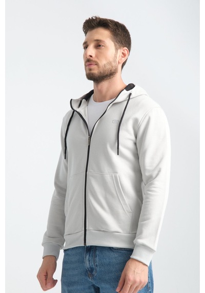 Shooter Sportwear Shooter Erkek Üç İplik Şardonsuz Fermuarlı Kapüşonlu Sweatshirt Taş