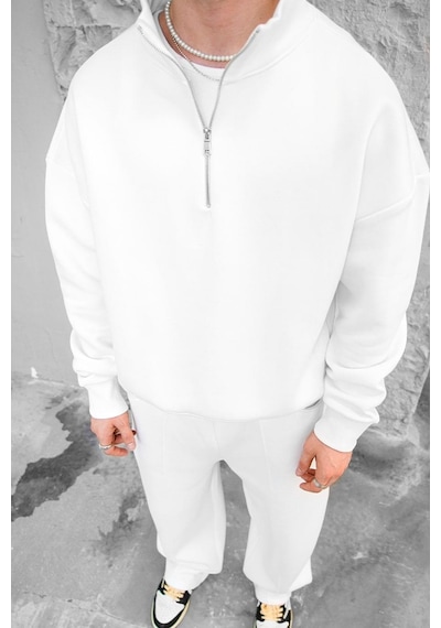 Beyaz Cozy Basic Yarım Fermuar Oversize Sweatshirt Beyaz