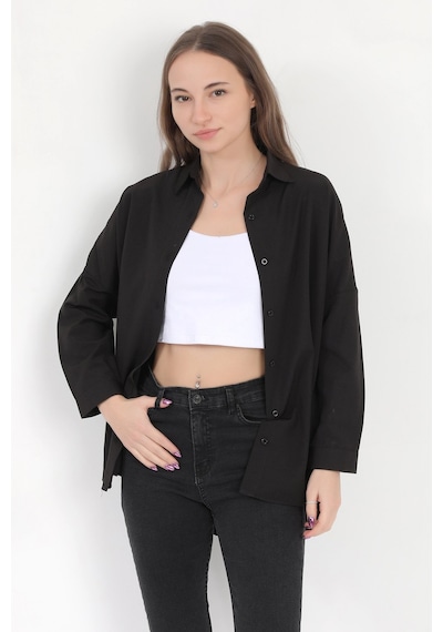 Giysa Kadın Siyah Uzun Kollu Basic Pamuklu Oversize Gömlek - 3900 Siyah