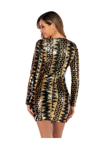 Pink Life Siyah-gold Etnik Desenli Yırtmaçlı Mini Elbise-gold-siyah
