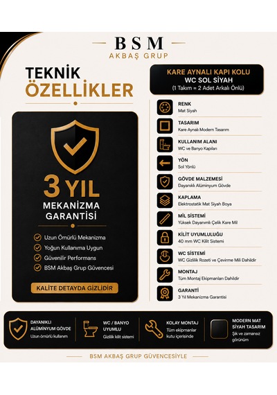 Kare Aynalı Wc Banyo Kapı Kolu Sol Açılım Mat Siyah Alüminyum Kol Takımı