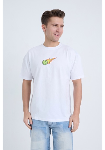 Erkek Oversize Baskılı T-shirt Beyaz Hot Tennis Beyaz
