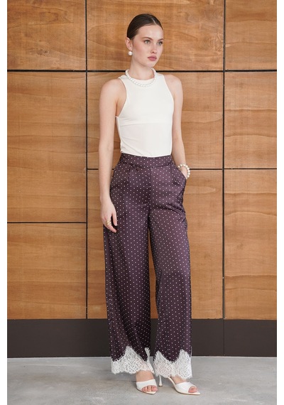 Verymoda Puantiyeli Paçası Dantelli Saten Pantolon D2970 Kahve