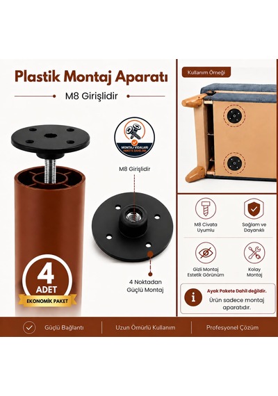 4 Adet Mobilya Kanepe Baza Koltuk Sehpa Montaj Ayağı M8 Civata Plastik Bağlantı Aparatı Ayak Tabanı 6395751