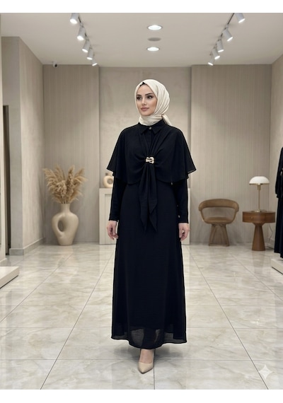 Sevitli Broş Detaylı Pelerinli Tesettür Elbise-siyah-5731