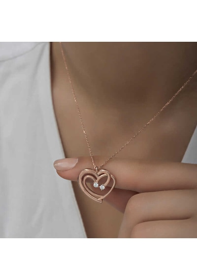 925 Ayar Gümüş Rose Birleşmiş Kalpler Kadın Kolye Gri