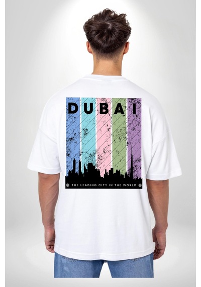 Dubai Şehir Silüeti Renkli Şehir Beyaz Oversize Unisex Ön Ve Sırt Baskılı Tişört Beyaz